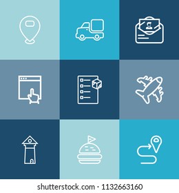 Modern, simple vector icon set on colorful blue backgrounds with transport, truck, bread, website, aircraft, click, map, transportation, europe, location, marker, letter, tower, tomato, mail icons