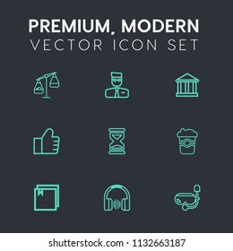 Modern, simple vector icon set on dark grey background with audio, mug, blue, account, sea, greece, search, summer, measure, scale, clock, tourism, weight, concept, find, time, island, file, web icons