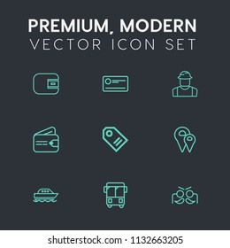 Modern, simple vector icon set on dark grey background with money, banking, festival, cheque, discount, water, credit, bank, tag, work, pin, dollar, worker, holiday, label, person, travel, bus icons