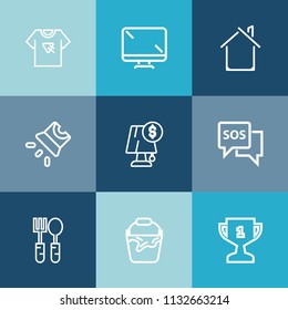 Modern, simple vector icon set on colorful blue backgrounds with poster, tshirt, technology, help, clean, monitor, dinner, electronic, place, electricity, bucket, emergency, architecture, safety icons