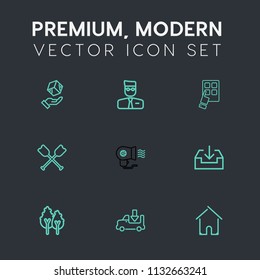 Modern, simple vector icon set on dark grey background with electric, nature, transportation, house, account, mobile, user, modern, architecture, packaging, tree, forest, hand, canoe, box, hair icons
