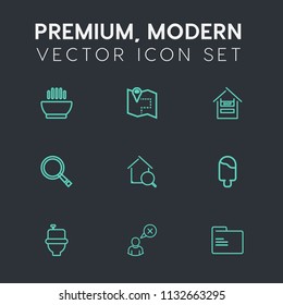 Modern, simple vector icon set on dark grey background with internet, gps, hot, road, map, dinner, food, cream, ice, bathroom, supermarket, dish, home, folder, wood, wc, pin, sign, real, meal icons