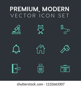 Modern, simple vector icon set on dark grey background with research, notification, map, emergency, bell, exit, location, navigation, alert, furniture, hammer, kit, microscope, box, point, cross icons