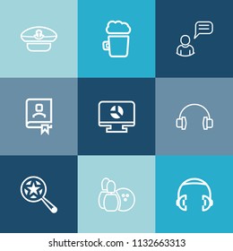 Modern, simple vector icon set on colorful blue backgrounds with game, music, travel, sea, person, cap, bowling, address, boat, communication, sport, audio, book, foam, magnifying, people, pub icons