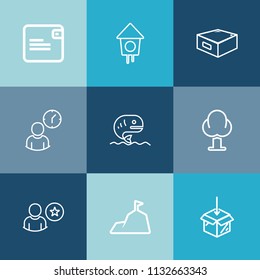 Modern, simple vector icon set on colorful blue backgrounds with bag, office, landscape, business, environment, nature, sky, blue, sign, mountain, drawer, package, sea, forest, modern, work, box icons