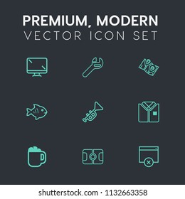 Modern, simple vector icon set on dark grey background with industry, repair, food, pin, musical, mechanic, sport, travel, wrench, coffee, sign, screen, bugle, work, stadium, monitor, tshirt icons