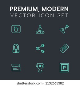 Modern, simple vector icon set on dark grey background with property, car, first, billboard, play, road, musical, street, modern, banner, music, poster, game, achievement, domino, people, share icons