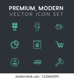 Modern, simple vector icon set on dark grey background with shipment, bus, online, trolley, transport, shipping, light, building, vehicle, cart, package, hammer, pie, estate, screwdriver, axe icons