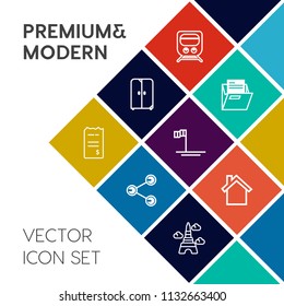 Modern, simple vector icon set on colorful flat background with track, object, cabinet, transportation, blank, blue, decoration, beach, locomotive, transport, money, france, sign, interior, rail icons