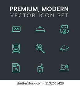 Modern, simple vector icon set on dark grey background with shopping, dialog, market, space, bear, house, railway, luggage, speech, animal, transportation, magnifying, notebook, wild, travel icons