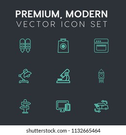 Modern, simple vector icon set on dark grey background with cook, fast, hot, business, table, delivery, payment, light, arrow, clock, sale, bag, modern, interior, buy, direction, ben, car, lamp icons
