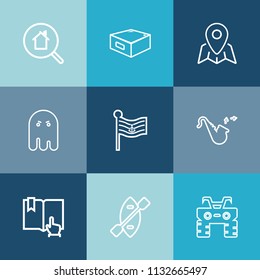Modern, simple vector icon set on colorful blue backgrounds with extreme, atv, flag, book, online, wheel, jazz, open, horror, musical, quad, furniture, fear, home, internet, water, property, oar icons
