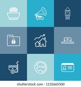 Modern, simple vector icon set on colorful blue backgrounds with lock, help, house, cap, id, record, file, home, safety, big, dish, soup, folder, head, document, support, mask, cuisine, vintage icons