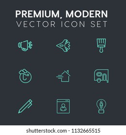 Modern, simple vector icon set on dark grey background with male, audio, hand, car, music, paintbrush, plane, pencil, property, thermometer, speaker, sound, white, delivery, loudspeaker, travel icons