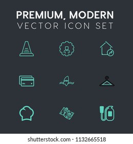 Modern, simple vector icon set on dark grey background with safety, tropical, travel, map, fashion, location, plastic, clothes, white, ocean, house, increase, cook, road, step, property, surfer icons