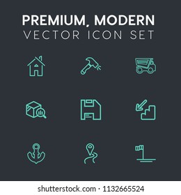 Modern, simple vector icon set on dark grey background with anchor, sea, home, modern, road, diskette, location, equipment, navigation, dump, tool, property, construction, mexico, truck, baja icons