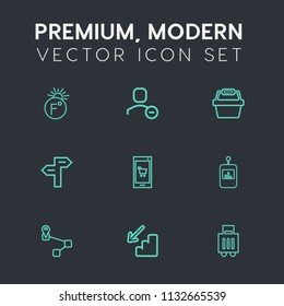 Modern, simple vector icon set on dark grey background with user, baggage, weather, travel, business, downstairs, celsius, scale, degree, direction, button, map, luggage, way, meteorology, tv icons