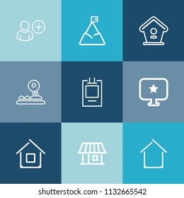 Modern, simple vector icon set on colorful blue backgrounds with home, technology, mountain, architecture, chain, button, person, social, background, house, wood, spring, landscape, tree, badge icons