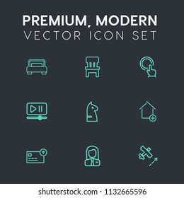 Modern, simple vector icon set on dark grey background with home, business, room, plane, employer, hand, airplane, cash, game, double, furniture, aircraft, seat, people, chessboard, armchair icons