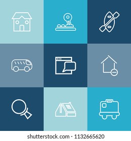 Modern, simple vector icon set on colorful blue backgrounds with direction, house, property, home, roof, window, paddle, chat, industrial, construction, luggage, computer, airport, building, oar icons