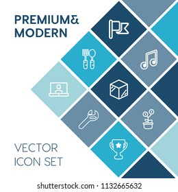 Modern, simple vector icon set on blue colorful background with template, equipment, call, package, tool, growth, communication, packaging, flag, achievement, dinner, product, meal, repair, fork icons