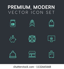 Modern, simple vector icon set on dark grey background with shop, customer, suitcase, finance, hat, fashion, coin, travel, property, style, estate, hospital, money, container, bank, object, real icons
