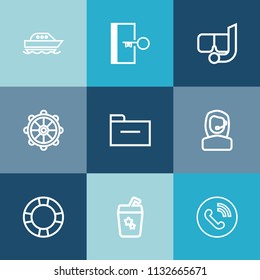 Modern, simple vector icon set on colorful blue backgrounds with drink, headset, wheel, pool, nautical, cocktail, equipment, yacht, beach, rudder, file, safety, ring, arrow, water, phone, sea icons