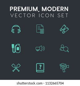 Modern, simple vector icon set on dark grey background with listen, web, book, spy, financial, megaphone, glasses, online, equipment, safety, finance, audio, business, paper, pen, graphic, music icons