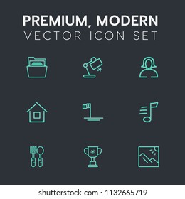 Modern, simple vector icon set on dark grey background with table, ocean, white, beach, object, musical, dinner, lamp, scenery, decoration, home, victory, lady, folder, paper, competition, face icons