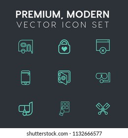 Modern, simple vector icon set on dark grey background with internet, equipment, fashion, device, banking, boat, oar, diving, white, canoe, water, leather, business, car, bag, transportation icons