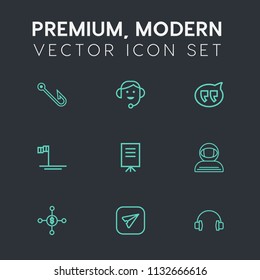 Modern, simple vector icon set on dark grey background with astronaut, bubble, support, businessman, email, mexico, bait, fishing, headset, water, rod, space, money, computer, spacesuit, message icons