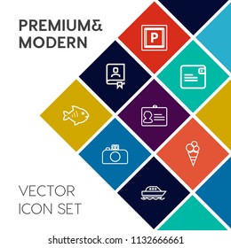 Modern, simple vector icon set on colorful flat background with id, sign, document, car, road, boat, seafood, notebook, identity, address, sea, camera, female, business, yacht, photography, bag icons