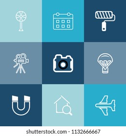Modern, simple vector icon set on colorful blue backgrounds with fan, paint, travel, real, air, object, photography, flight, estate, electric, home, online, roll, retro, aircraft, extreme, video icons