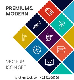 Modern, simple vector icon set on colorful flat background with coconut, meat, medical, label, tropical, doctor, jazz, brass, discount, palm, retail, pointing, medicine, trumpet, showing, sale icons