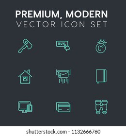 Modern, simple vector icon set on dark grey background with letter, thermometer, shopping, construction, paper, debit, optical, saw, purchase, card, home, credit, buy, internet, architecture icons