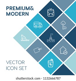 Modern, simple vector icon set on blue colorful background with water, arrow, summer, travel, object, real, style, direction, old, modern, clean, drink, metal, transportation, background, estate icons