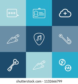 Modern, simple vector icon set on colorful blue backgrounds with bait, cash, construction, communication, hook, add, finance, internet, water, name, id, rod, document, equipment, technology, key icons
