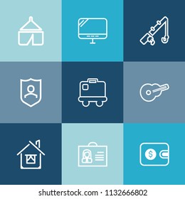 Modern, simple vector icon set on colorful blue backgrounds with laptop, pc, protection, fish, baggage, home, security, nature, reel, computer, music, money, estate, travel, camp, tent, wallet icons