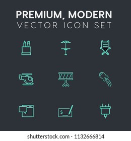 Modern, simple vector icon set on dark grey background with music, school, business, education, sky, instrument, equipment, stationery, transportation, bar, technology, box, message, wooden, pub icons