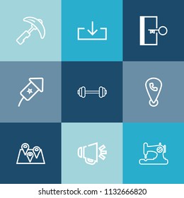 Modern, simple vector icon set on colorful blue backgrounds with phone, craft, exercise, workout, mobile, arrow, escape, exit, picking, fitness, sport, pin, location, loudspeaker, machine, sign icons
