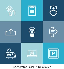 Modern, simple vector icon set on colorful blue backgrounds with medicine, medical, kite, transport, doctor, video, bulb, vehicle, upload, download, technology, business, arrow, kid, web, van icons