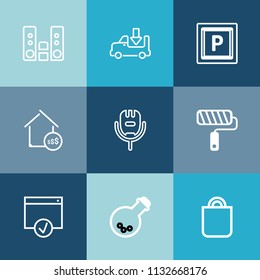 Modern, simple vector icon set on colorful blue backgrounds with technology, price, gift, property, estate, bag, paint, sound, cargo, medicine, media, player, roll, transportation, audio, tool icons