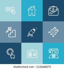 Modern, simple vector icon set on colorful blue backgrounds with movie, astronomy, projection, phone, architecture, home, touch, house, screen, sky, mail, telephone, button, vintage, real, sign icons