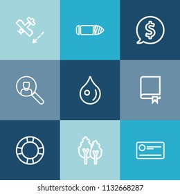 Modern, simple vector icon set on colorful blue backgrounds with label, landscape, book, transportation, payment, travel, summer, computer, rain, airplane, aviation, pool, cheque, fly, military icons