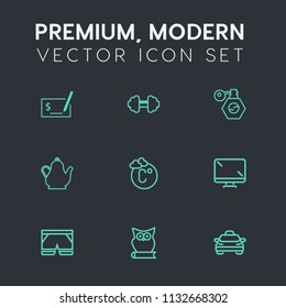 Modern, simple vector icon set on dark grey background with technology, taxi, money, wear, screen, monitor, animal, display, perfume, pen, hand, bottle, transport, digital, thermometer, hot, owl icons