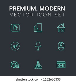 Modern, simple vector icon set on dark grey background with web, building, gas, modern, computer, pump, message, interior, lamp, report, communication, fuel, audio, house, home, car, electricity icons