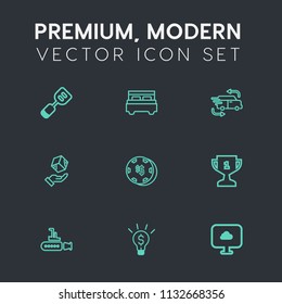 Modern, simple vector icon set on dark grey background with box, cooking, ocean, object, casino, award, sea, transportation, place, first, interior, utensil, achievement, equipment, tool, house icons