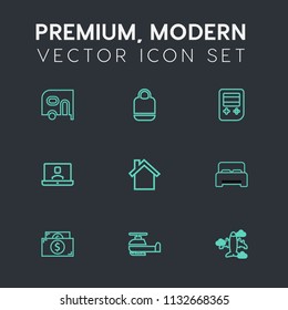 Modern, simple vector icon set on dark grey background with button, money, technology, modern, delivery, air, airplane, communication, leather, home, truck, van, helicopter, fashion, travel, bag icons
