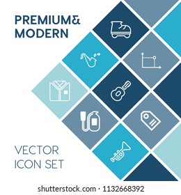 Modern, simple vector icon set on blue colorful background with equipment, female, trumpet, beautiful, roller, lifestyle, circle, leisure, sale, security, price, element, red, musical, geometry icons