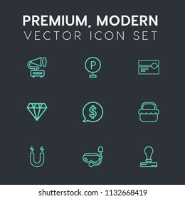 Modern, simple vector icon set on dark grey background with gem, audio, tag, price, stationery, vinyl, lot, cassette, grass, play, transport, diamond, traffic, circle, gramophone, label, vintage icons